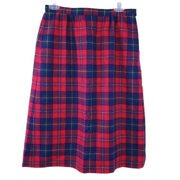 Vintage Pendleton Tartan Plaid Wool Below Knee Skirt (Fits 4-6, Vtg 14) Red Blue
